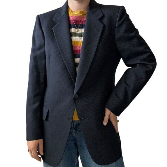 Vintage Christian Dior Unisex Navy Pin Stripe 100% Wool Sport Coat Blazer 40R - Picture 2 of 11